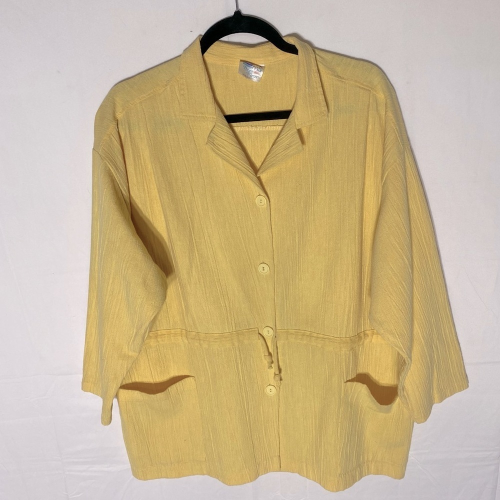 5/$25 Vintage Petite Fleur Yellow Oversized Drawstring Waist Button Up Top XXL